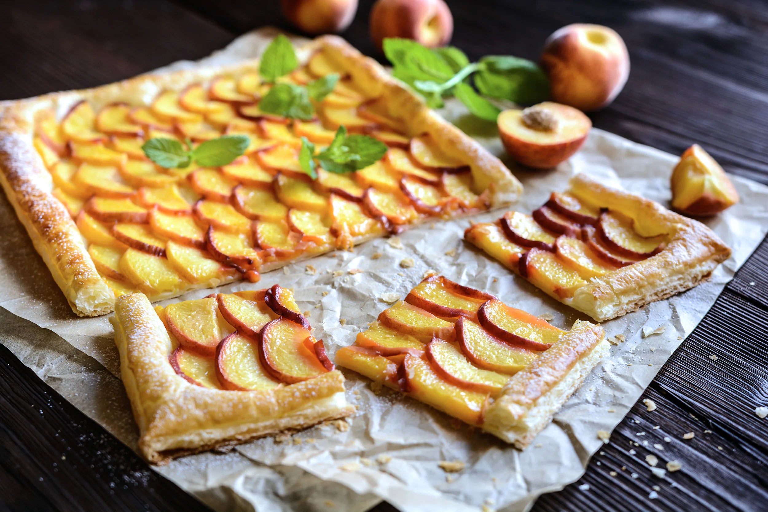 Sliced peach tart on a piece of wax paper